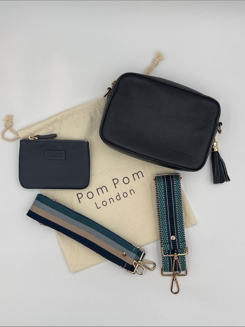 Pom Pom London Navy City Bag Crossbody with accessories